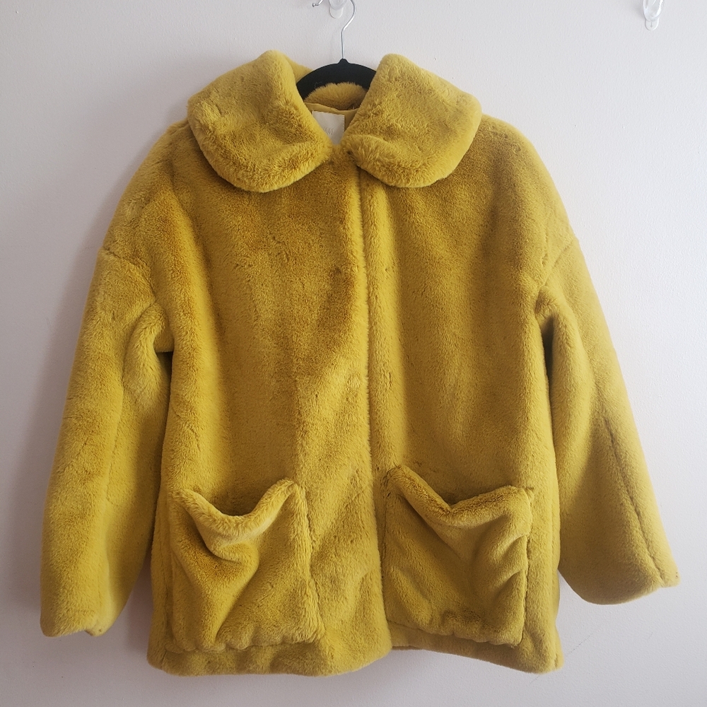 H&M Yellow Faux Fur Hook & Eye Closure Coat ~ Size XS